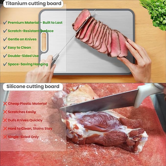 Titanium Cutting Board Double-Sided – Pure Titanium Surface Wheat Straw PP, Non-Slip Bas Juice Groove & Garlic Grinding Zone – Ultra Hygienic Chopping Board for Meat Vegetables & Fruits Easy to Clean