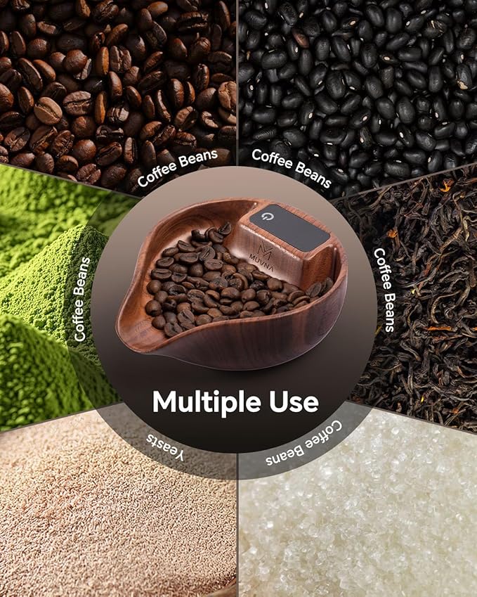 MUVNA Digital Dosing Cup with LED Display - Mini Rechargeable Wood Coffee Bean Scale Cup and Spray Bottle Kit, Kitchen Weighing Accessory for Espresso, Tea, Coffee Lover Gifts, Walnut