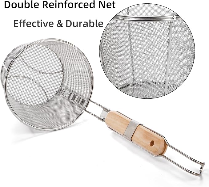 2 Pack Pasta Strainer Basket, Stainless Steel Mesh Spider Strainer with Wooden Handle for Boiling, Kitchen Fine Food Skimmer Deep Fry Basket for Pasta, Noodle, Dumpling, 5.3''D x 5.1''H
