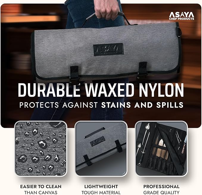 Asaya Chef Knife Roll Bag - 20 Total Pockets for Knives and Kitchen Utensils - Made with Stain Resistant Waxed Nylon - For Chefs and Culinary Students - Knives Not Included(Grey)