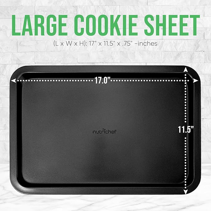 Nutrichef Large Cookie Sheet, Nonstick Gray Silicone Coating, Easy Clean & Durable Baking Sheet, Commercial Grade Oven Pan, Stackable Tray Design, Dishwasher Safe, PFOA, PFOS, PTFE Free, 17" x 11.5"
