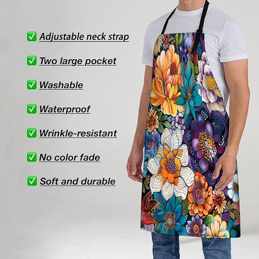 Floral Apron for Women, 28x33in, Kitchen Chef Aprons with 2 Pockets, Polyester, Colorful Mandala Bohemian Flowers Apron for Cooking BBQ Baking Gardening Chef, Gifts for Mom Wife Dad