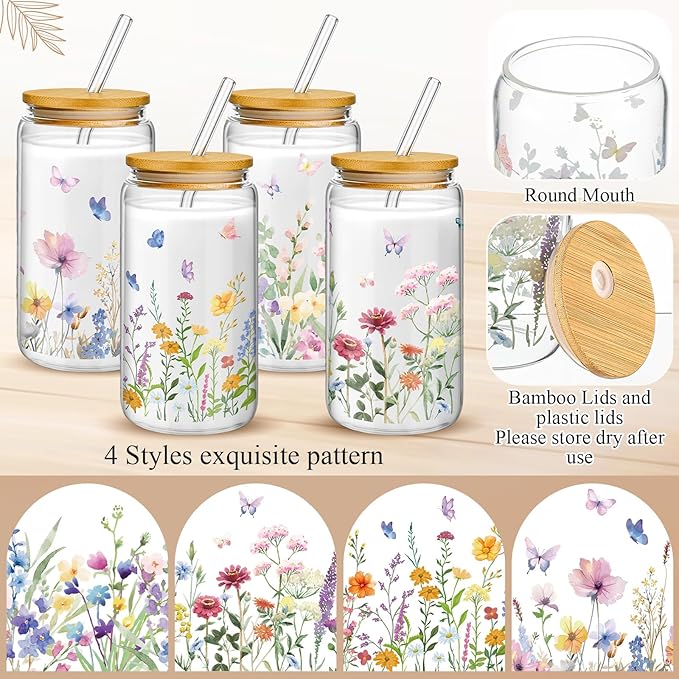 Mumufy 4 Pcs Gift for Women Wild Flower Glass Cup Tumbler Butterfly Iced Coffee Mugs 16 oz Glass with Bamboo Lid & Straw, Christmas Mothers Day Birthday Gift for Mom Sister Bridesmaid Baby Shower