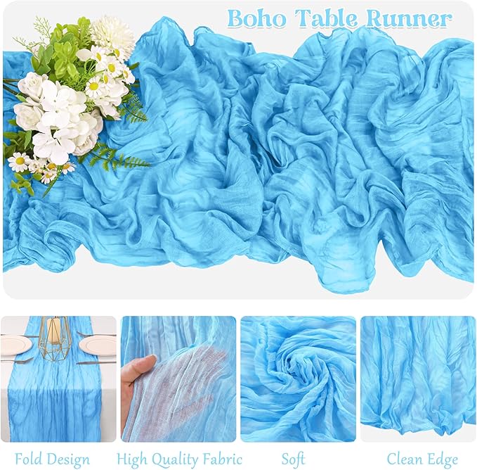 10 Pack Cheesecloth Table Runner 6FT Boho Gauze Rustic Fabric Table Runner Vintage Sheer Tablecloth for Wedding Party Bridal Baby Shower Decorations (Light Blue)