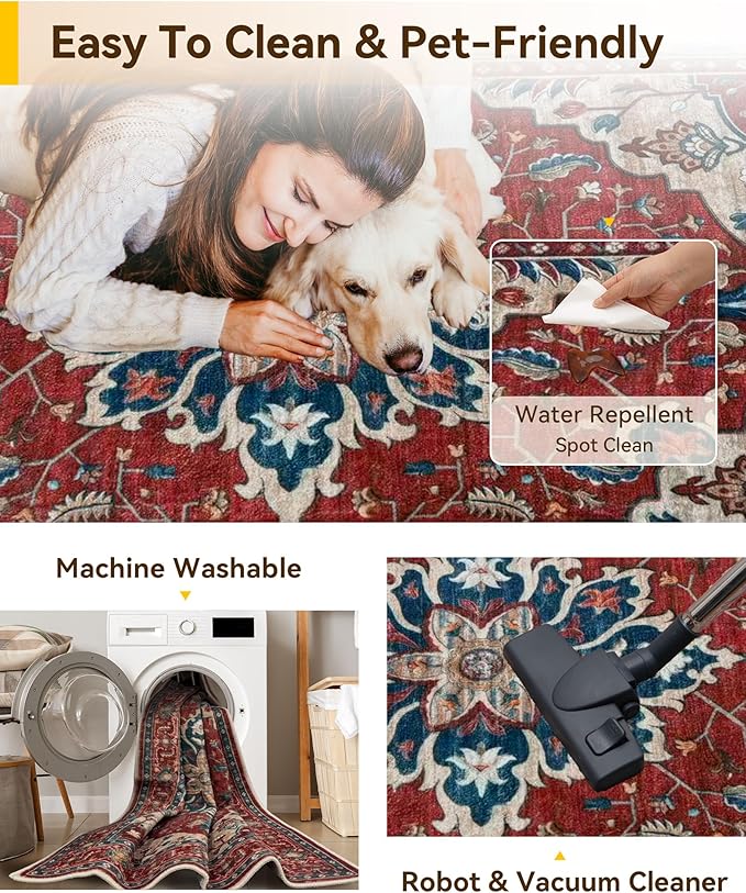 Area Rugs Round 6ft Washable Non-Slip, Floral Vintage Distress Print Pattern Medallion Carpet for Living Room Bedroom Dining Room, Red Blue
