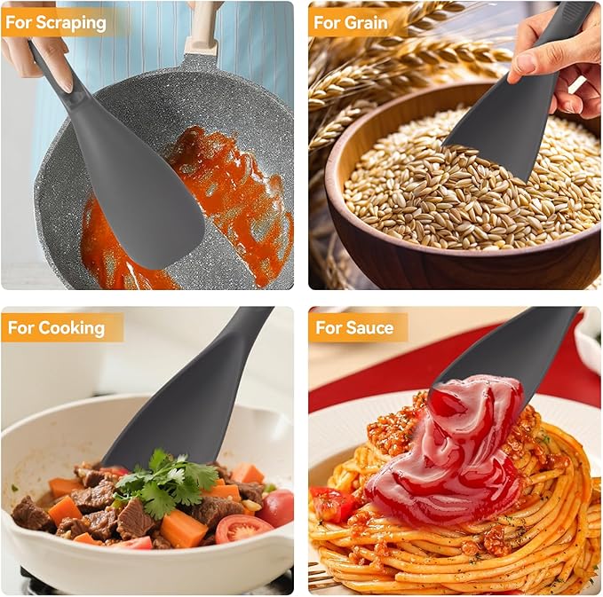 Multifunction Cooking Spoons for Nonstick Cookware, Seamless Design Silicone Spatula Spoon for Mixing, Scoop and Scrape, Dishwasher Safe, 2 Pack, Gray