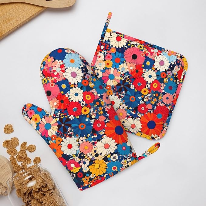 Oven Mitts and Pot Holders Japanese Art Colorful Flower Silicone Kitchen Accessories Set of 4 Heat Resistant Long Gloves Potholder Non-Slip Grip for Chef Cooking Baking Grilling BBQ