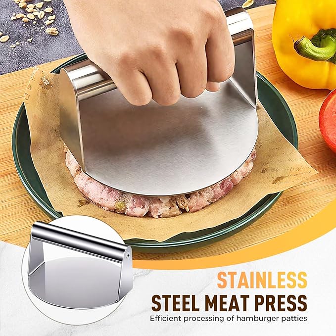 5.5 Inch Stainless Steel Burger Press, 2025 Upgraded Non-Stick Hamburger Smasher Tool & Grill Press, Barbecue Grilling Accessories for Grill, Griddle, Bacon & Sandwich, Dishwasher Safe (Round)