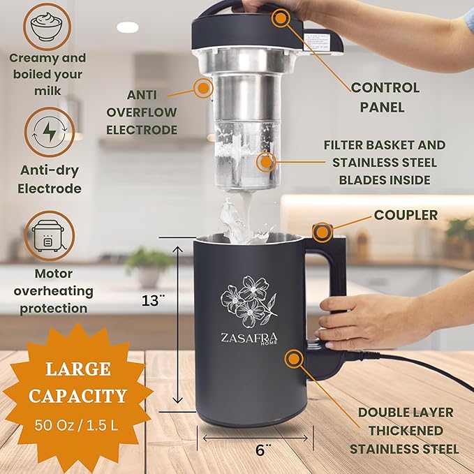 Nut Milk Maker Machine 50oz/1.5L Stainless Steel (Built-In Strainer,No Mesh Bags) Cooking Blender, 6-7 Cups Per Batch,8-IN-1 Appliance, Almond, Oat & Soymilk Maker, Creamy Plant-Based Milks & Soups