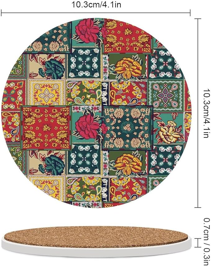 Round-6PCS Floral Ceramic Coasters, Round Absorbent Drink Coasters, Abstract Perris Flower Nature Plant Colorful Boho Floral Ceramic Table Coasters for Coffee, Beverage, Wine, Beer Coasters
