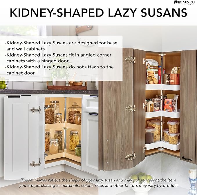 Rev-A-Shelf Single Kidney Shape 28" Lazy Susan Organizer for Upper Corner Wall Kitchen Cabinets, Turntable Storage w/ Swivel Bearing, Wood, 4WLS401-28-BS52
