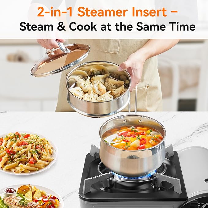WANGYUANJI 2.5 Quart Stainless Steel Saucepan with Steamer Insert, 2-in-1 Sauce Pot with Lid & Steamer Basket, Tri-Ply Bottom Induction Cookware for Boiling, Soup, Milk, Silver
