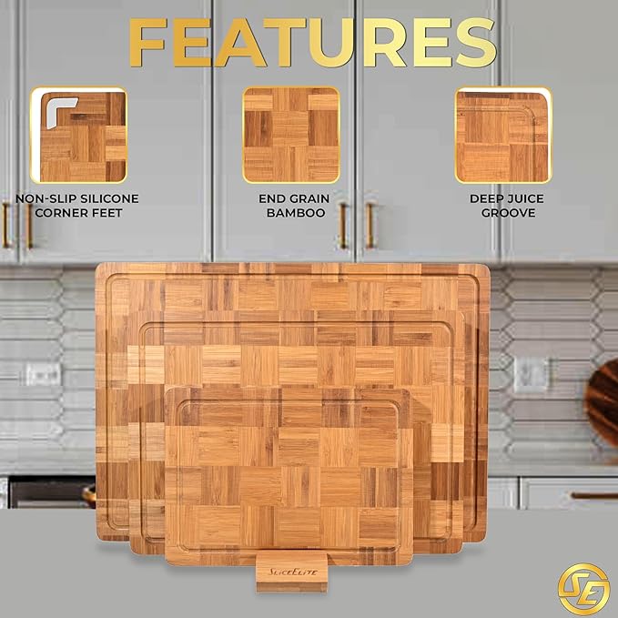SliceElite Extra Large Bamboo Cutting Board Set 3 Piece End Grain Wooden Chopping Boards with Holder Non Slip Feet Juice Groove XL Butcher Block Style Boards for Kitchen Carving and Serving