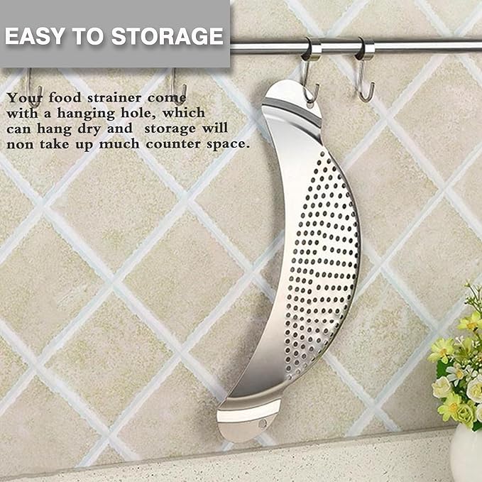 TJ POP Pot Strainer Stainless Steel, Pasta Strainer, Premium Metal Food Strainer for Noodles Fruit Veggies, Suitable for Pots or Containers Up to 10 Inches