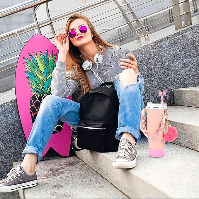 Accessories Set Including Water Bottle Handle Strap, Silicone Boot, Resin Butterfly Straw Cover, Straw Topper, Lip Balm Sleeve, Butterfly & Hairball Charms for Stanley Cup Tumbler