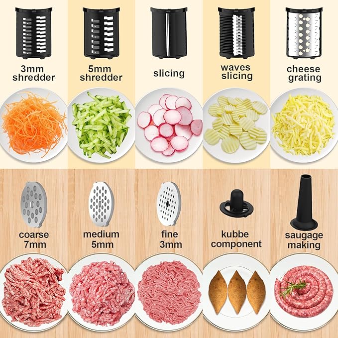 XFCNIKOU Electric Meat Grinder, Cheese Grater, 2800W Max Stainless Steel Veggie Shredder, Vegetable Cutter with 5 Slice Blades, 3 Grinding Plates, Sausage Stuffer & Kubbe Kit, for Home Kitchen Use