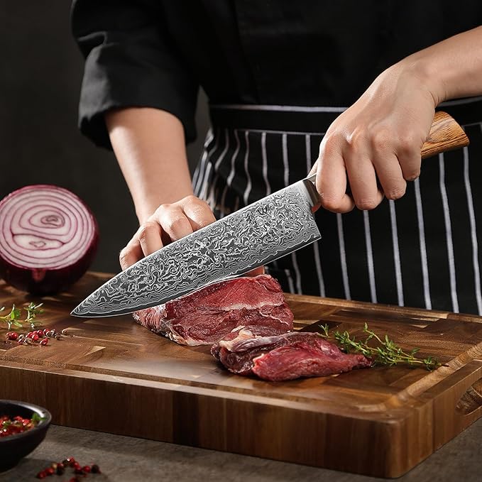 Wakoli EDIB Pro Damascus Chef Knife – Japanese Style Kitchen Knife | 7.9-Inch Genuine Damascus Steel Blade with VG10 Core | Ergonomic Pakkawood Handle | Professional Cooking Tool