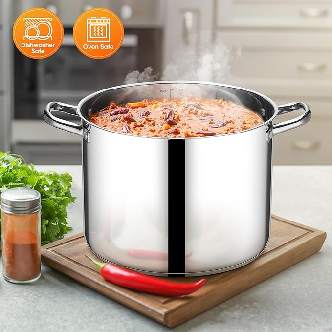 E-far 16 Quart Stainless Steel Stock Pot, Large Heavy Duty Induction Stockpot with Glass Lid for Cooking Soup Canning, Thick Tri-Ply Bottom & Riveted Handle, Compatible with All Stove, Dishwasher Safe