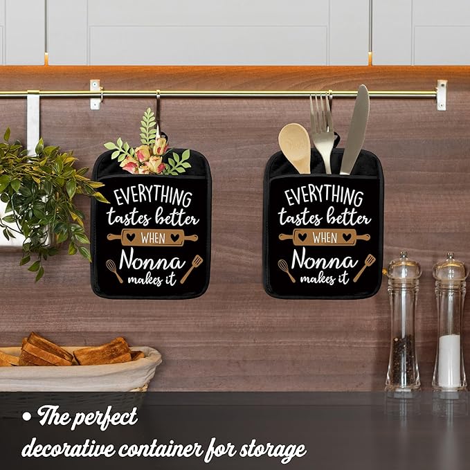 Nonna Gifts Pot Holders with Pockets, Grandma Kitchen Gifts, Everything Tastes Better When Nonna Makes It Pot Holders Heat Resistant Oven Mitts Hot Pads for Kitchen Baking Cooking