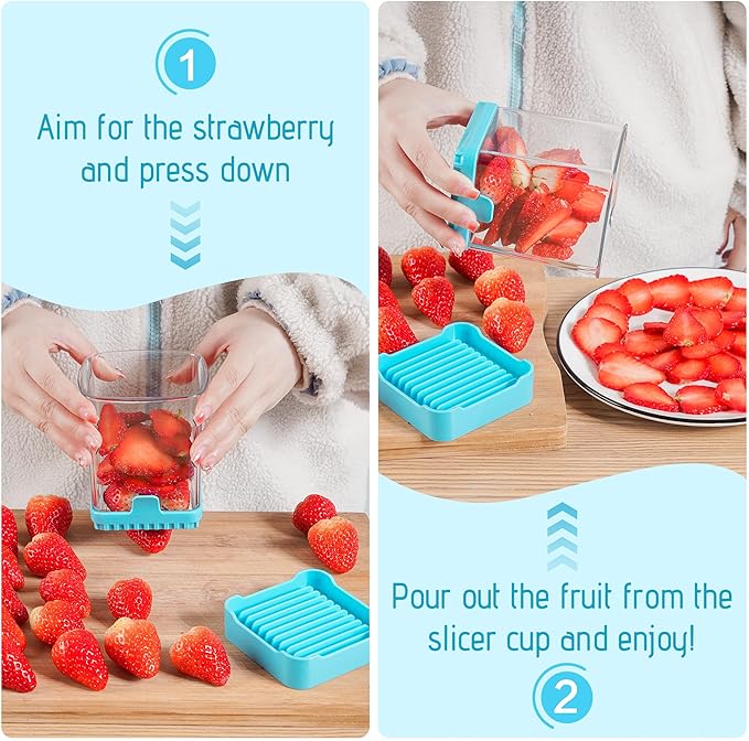 3-in-1 Strawberry Banana & Egg Slicer Cup | Detachable Fruit Cutter with Push Plate for Effortlessly Safe Slicing | Quick Meal Prep & Snacks Kitchen Gadget (Blue)