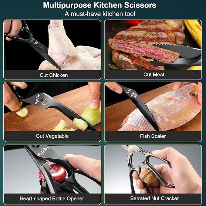 Kitchen Scissors for Food，Premium Kitchen Shears Heavy Duty，8.8″Ultra Sharp Meat Scissors Detachable Blade，All Steel Poultry Shears Black Titanium Plated，Anti-Slip Cooking Scissor All Purpose