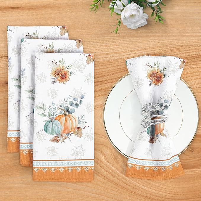 Fall Pumpkins Print Cloth Napkins 100% Cotton, 18" X 18" Dinner Napkins Cloth Set, Washable Napkins for Home, Kitchen, Dinner, Party, Wedding, Cocktail, Set of 6