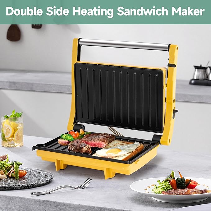 SUSTEAS Panini Press Sandwich Maker and Electric Indoor Grill, Easy Clean Nonstick Grids, Opens 180°/105° to Fit Any Type or Size of Food, 304 Stainless Steel, Homemade BBQ, Yellow