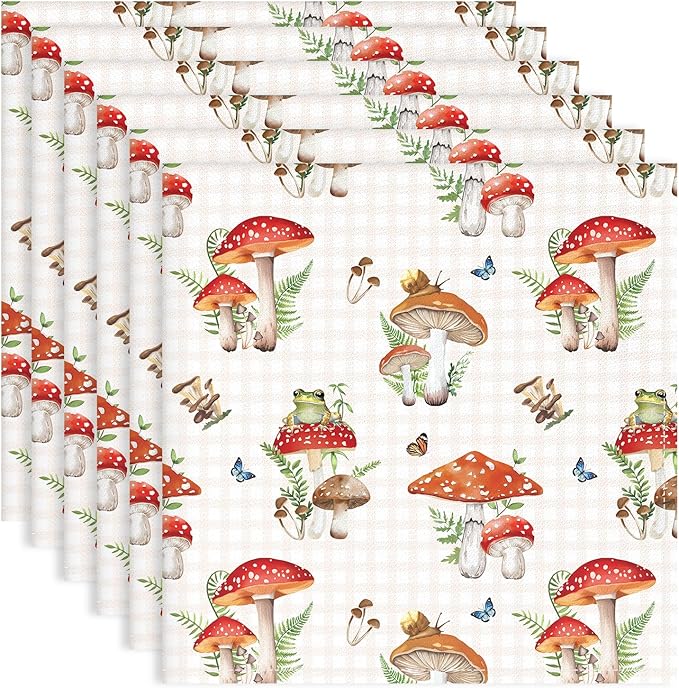 Mushroom Napkins, 18×18 Inch Leaves Dinner Cloth Napkins Set of 6, Washable Cotton Soft Absorbent Square Napkins for Dining Kitchen Party Wedding Decoration
