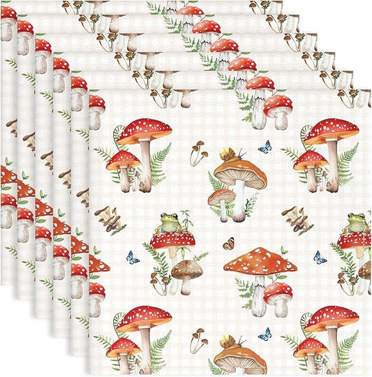 Mushroom Napkins, 18×18 Inch Leaves Dinner Cloth Napkins Set of 6, Washable Cotton Soft Absorbent Square Napkins for Dining Kitchen Party Wedding Decoration