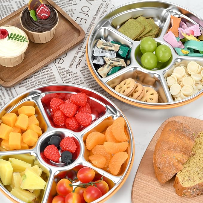 2 pcs Veggie Tray with Lid, Divided Serving Tray with Lid, Round Stainless Steel Serving Platter, Snackle Box Container with 7 Compartments