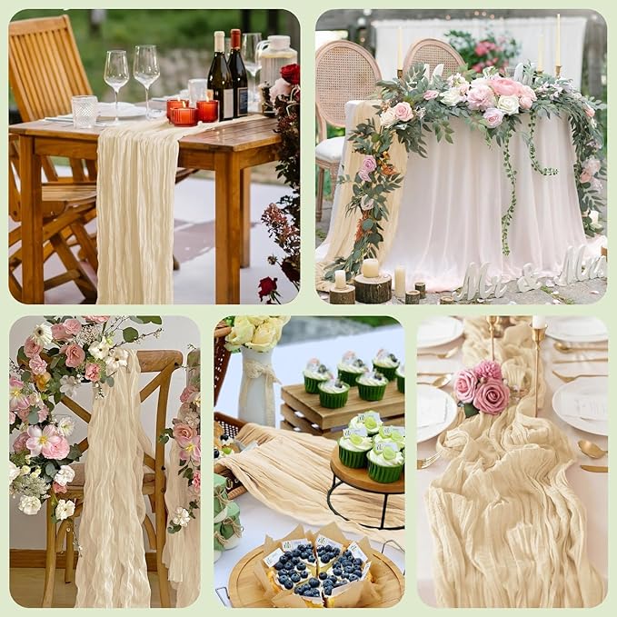 Wokceer Cheesecloth Table Runner 2Pack 10FT Sand Boho Christmas Gauze Cheese Cloth Table Runner for Party Easter Rustic Sheer Table Runners for Baby Bridal Shower Wedding Table Decor