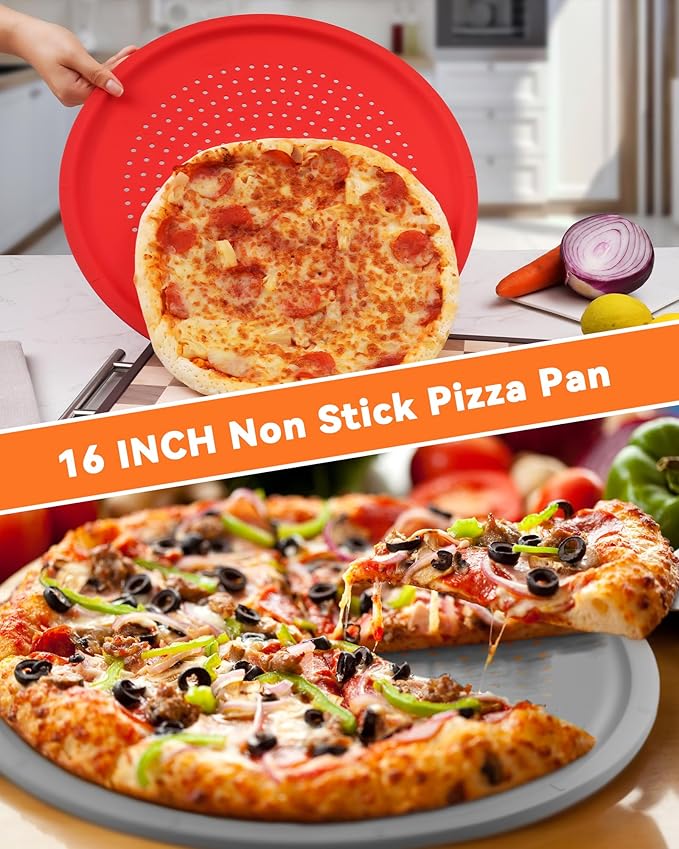 LYNG Pizza Pans 16 Inch 2 Pack Silicone Round Pizza Pan With Holes,Nonstick Pizza Tray, Dishwasher Safe, Suitable For Home Kitchen Dark Baking Red