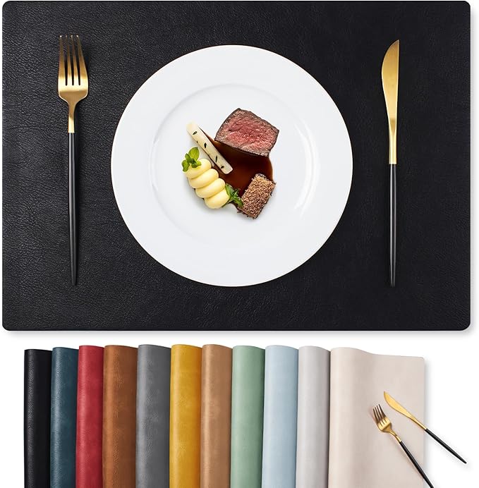 MOSAYT Vinyl Placemats Set of 4-12 X 17 Inch - Faux Leather 100% Waterproof Oil-Proof Wipeable PU Place Mats, Heat Resistant Reversible Table Mats for Kitchen, Dining, Outdoor (Black)