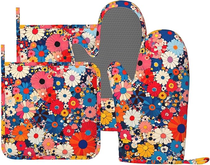 Oven Mitts and Pot Holders Japanese Art Colorful Flower Silicone Kitchen Accessories Set of 4 Heat Resistant Long Gloves Potholder Non-Slip Grip for Chef Cooking Baking Grilling BBQ