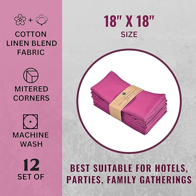 Fingercraft Dinner Cloth Napkins, Cotton Linen Blend Fabric 12 Pack Easter Special, Premium Quality, Mitered Corners for Every Day Use Napkins are Pre Shrunk and Good Absorbency Magenta