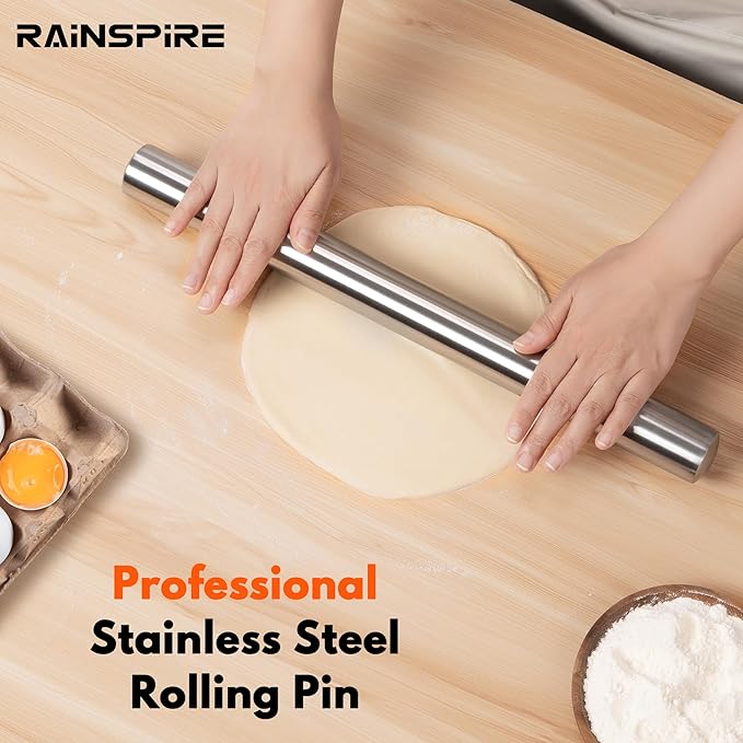 Rainspire Rolling Pins for Baking 304 Stainless Steel Dough Roller Perfect Baking Supplies Kitchen Essentials for Baking, Fondant, Pizza Dough Roller, Dumpling