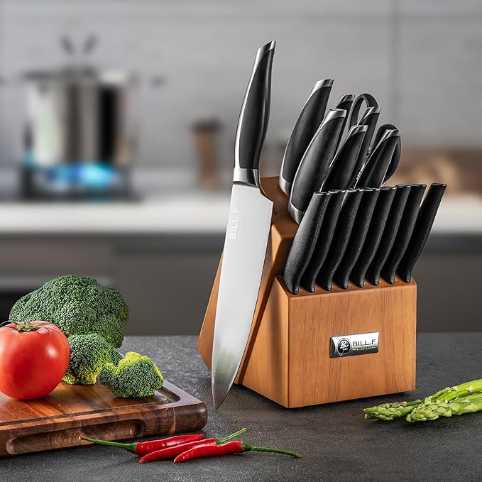 Wood Kitchen Set Knife Set for Kitchen with Block Stainless Steel Knives 17 Pcs and Cutting Board with Groove,Black Handles and Sharp Stainless Steel Professional Chef Knife Set