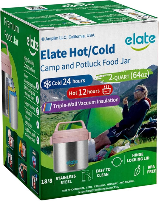 Elate 2-Quart Camp Crock Thermos for Hot/Cold Food | 64oz Stainless Steel Vacuum-Insulated Jar, Wide-Mouth Thermal Food Container, Portable Lunch Pot for Outdoor, Camping, Picnics, Trips, Potlucks