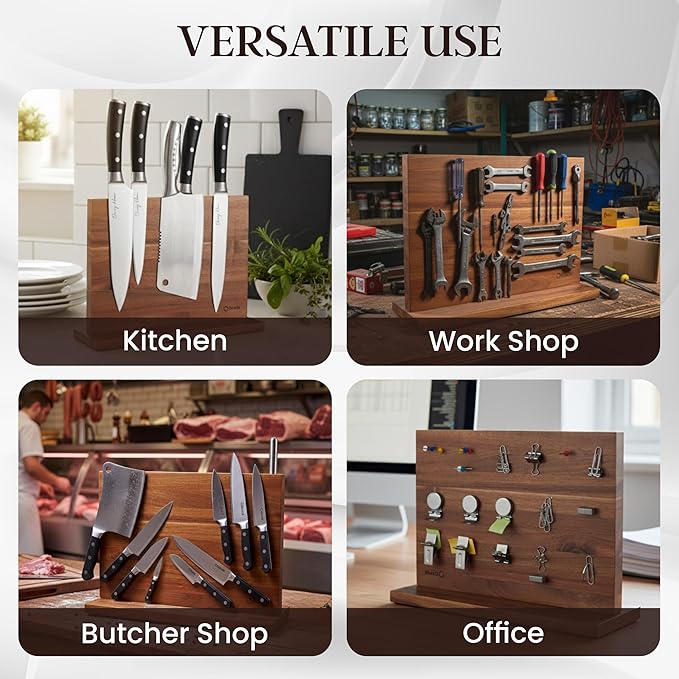 Magnetic Knife Block Double Sided, Magnetic Knife Holder for Kitchen Counter, Acacia Wood Knife Block Without Knives with Anti-Skid Base