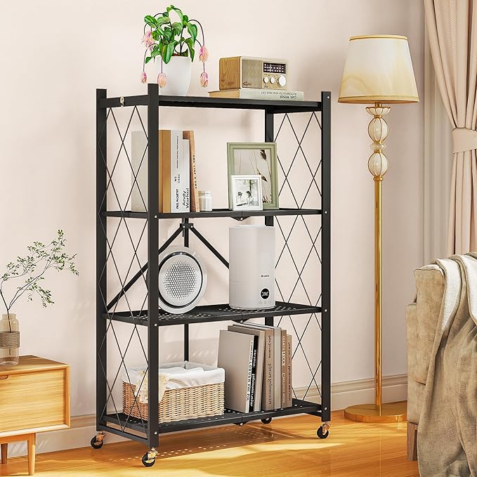 4-Tier Folding Metal Storage Rack - 50" Heavy-Duty Steel Frame with Wheels, No Assembly Utility Organizer, Rolling Shelving Unit for Kitchen, Garage, Pantry, Bedroom (Black, 4 Tier)