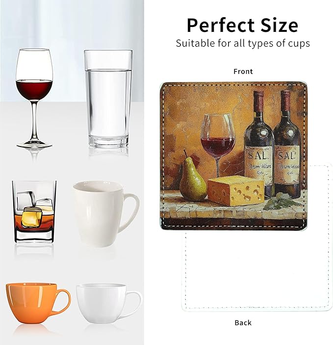 Marble Coasters Square Leather Drinks Coaster Set with Holder for Coffee Table Bar Home Decor 4 Inches Set of 6 (Vintage Wine, One Size)