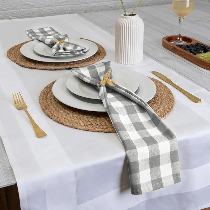 Blue Needles Gingham Buffalo Plaid Cloth Napkins 100% Cotton Set of 12 Dinner Table Napkins 18x18 inch Soft, Reusable, Washable Perfect for Wedding Parties & Everyday Use - Ash Grey & White