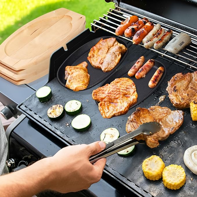 6 Pieces Oval Cast Iron Fajita Skillet Pan Set Small Sizzling Steak Plate with Wooden Base and Handle Cast Iron Fajita Skillet Sizzling Plate for Home Valentine's Day(9.5 in x 5.5 in, Natural Wood)