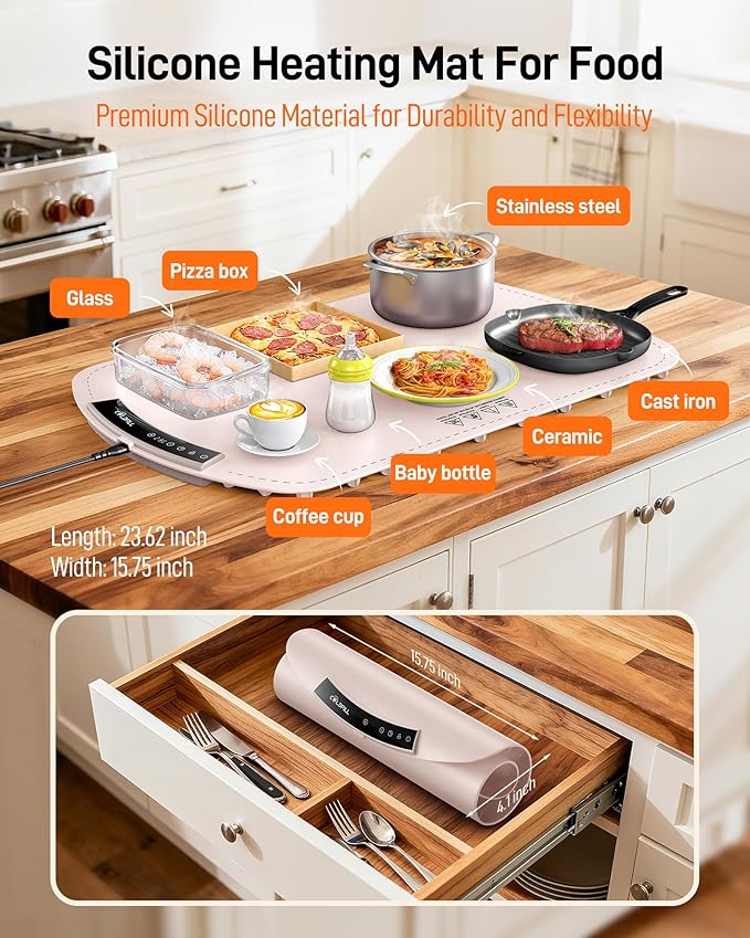 Warming Mat for Food, Electric Food Warming Mat with 8 Temp Level and 4H Timer, Silicone Chafing Dishes(24"x16"), Rollable & Portable Warming Trays for Buffets Party (Pink)