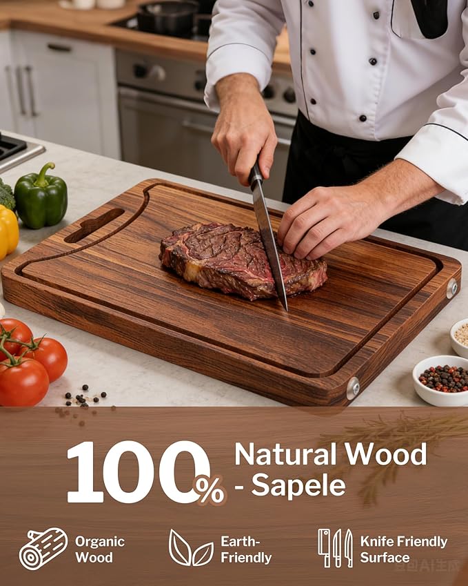1" Thick Non Slip Dual Sided Cutting Board - Wood &GR1 Titanium, 18" Extra Large with Handle for Hanging, Juice Groove & Non-Slip Feet, Heavy Duty for Professional Kitchen