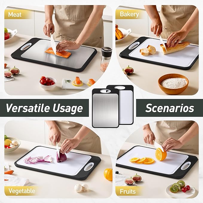 2 in 1 Stainless Steel Cutting Board with Handle Chopping Best Non Toxic Cutting Boards 2 Sided Cutting Boards for Kitchen Butcher Board Best Hardwood Kitchen Counter Organic Vegetable Meat BBQ Kit