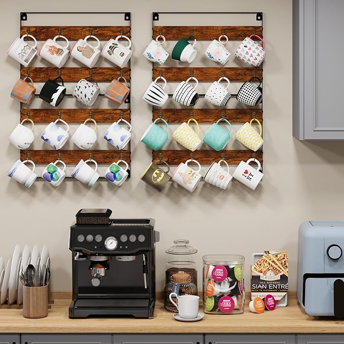 Wall Mount Coffee Mug Holder - Rustic Wood and Iron, Holds Up to 24 Mugs (3Pack) for Kitchen, Home, Coffee Bar