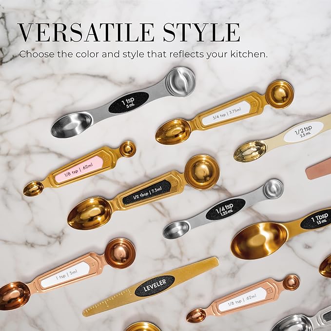 Gold Magnetic Measuring Spoons with Leveler - Featuring 8-Piece Upgraded Style, Dual-Sided, Stackable, Stainless Steel Gold Measuring Spoons Set - Fits in Spice Jars, Luxury Kitchen Accessories