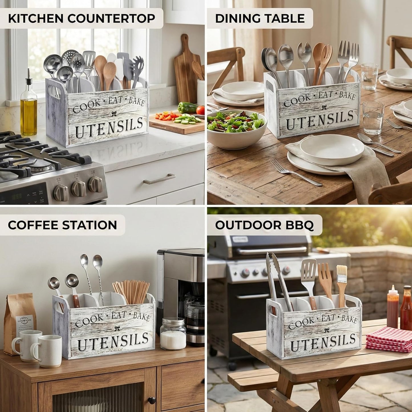 Farmhouse Kitchen Utensil Holder for Countertop, Distressed White Wooden Cooking Utensil Organizer with 3 Compartments & Handles, Rustic Extra Large Crock Space Saver for Spatulas & Spoons