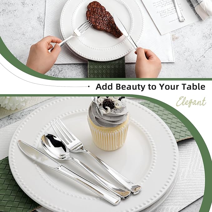 400PCS Pre Rolled Silver Plastic Silverware Sets, Heavy Duty Silver Cutlery, Include 100 Pack Wrapped Disposable Utensils with Napkins for Parties and Weddings